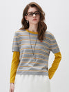 COMOBOCA Golden Blossom Women's Layered Striped Round Neck Knit Sweater