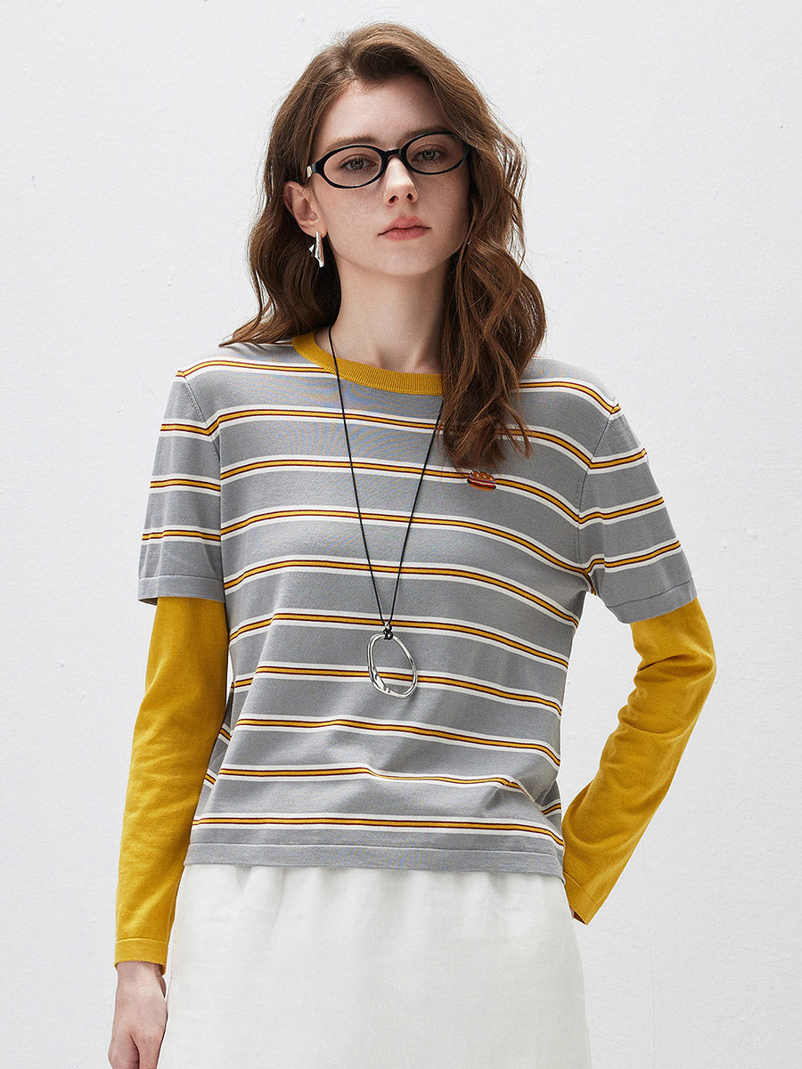 COMOBOCA Golden Blossom Women's Layered Striped Round Neck Knit Sweater