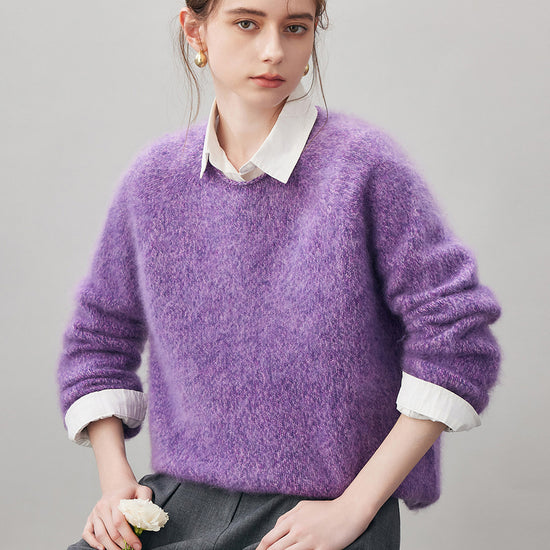 COMOBOCA 100% Wool Women's Fuzzy Round Neck Sweater