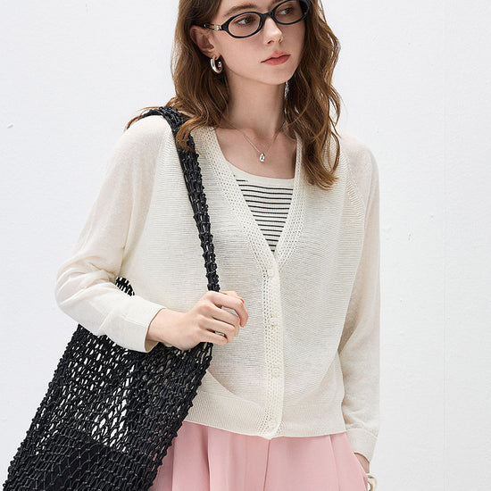 COMOBOCA Women's Ribbed V-Neck Button Cardigan