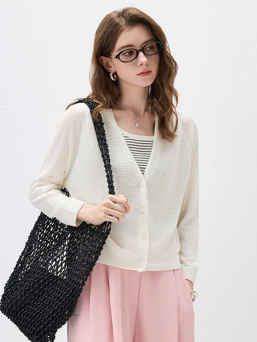 COMOBOCA Women's Ribbed V-Neck Button Cardigan