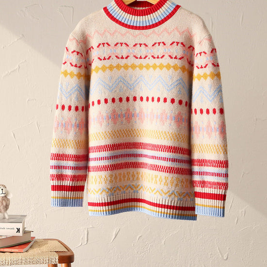 COMOBOCA Beige 100% Wool Kids' Colorful Nordic Pattern Knit Sweater