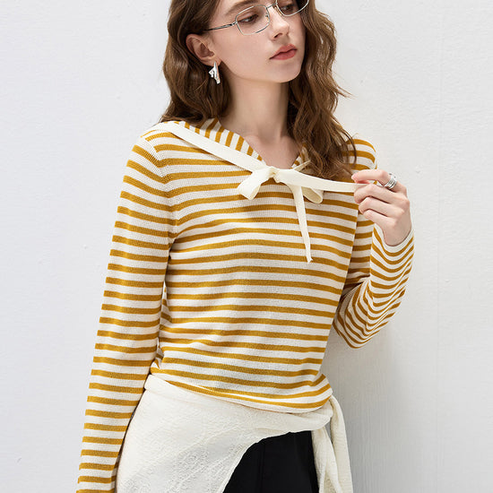COMOBOCA Women's Striped Sailor Collar Tie Front Knit Sweater