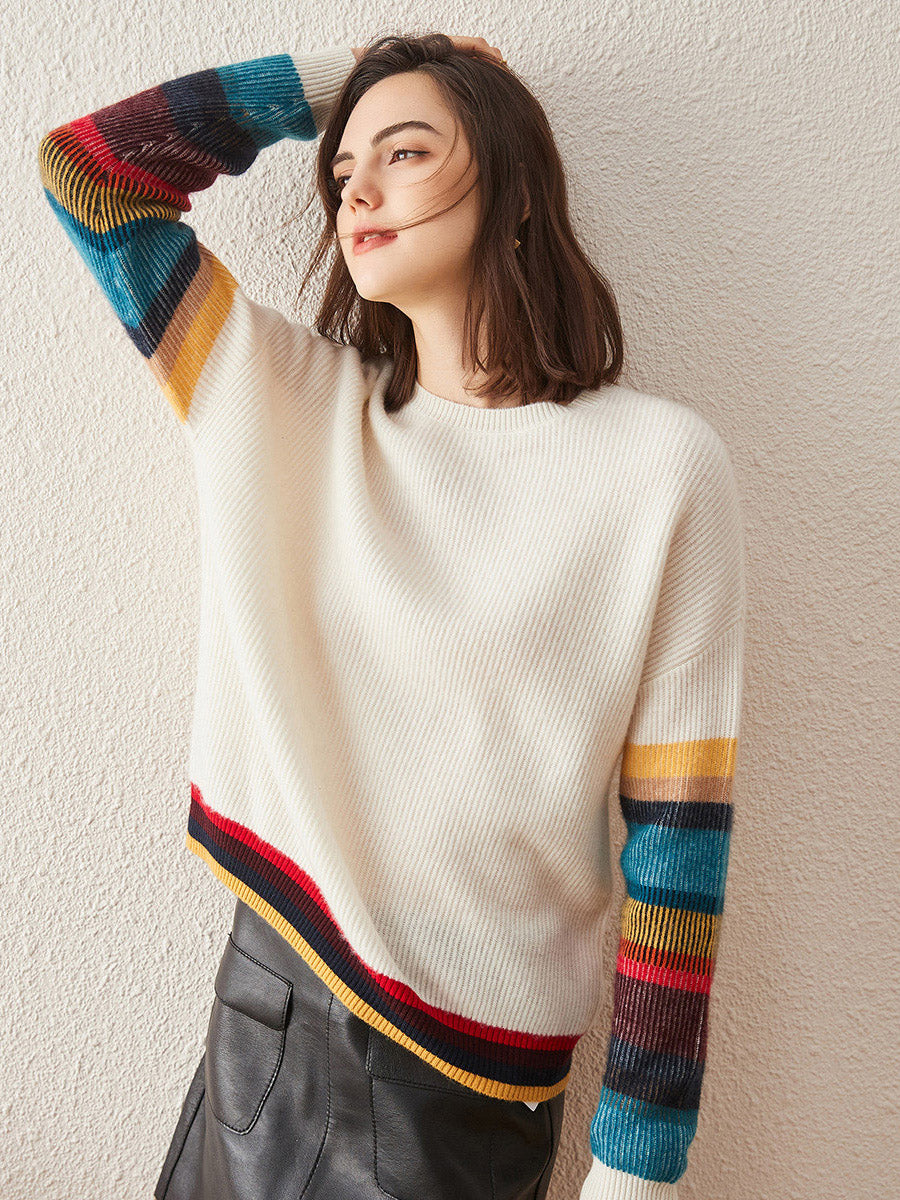 COMOBOCA 100% Cashmere Women's Striped Round Neck Sweater