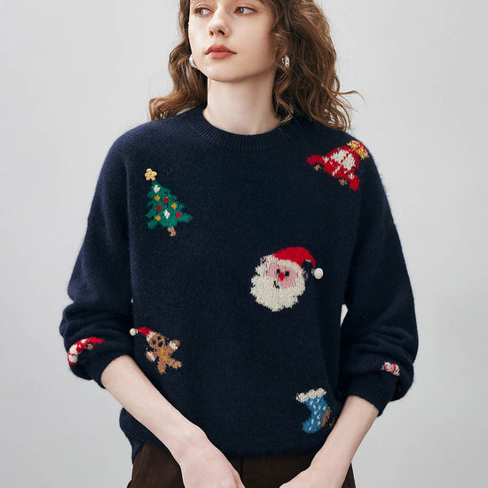 COMOBOCA Navy Blue Women's Wool Christmas Themed Round Neck Sweater