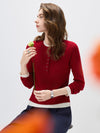 COMOBOCA Women's Ribbed Contrast Trim Henley Knit Sweater