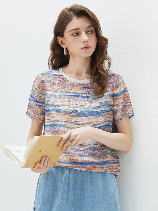 100% Mulberry Silk Women's Vintage Print Round-Neck Short Sleeve T-Shirt