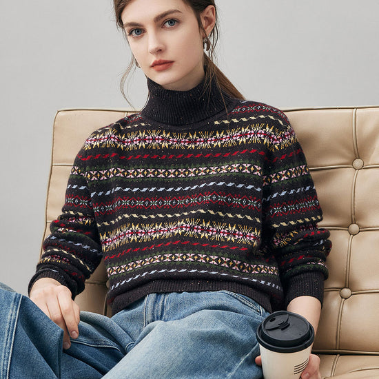 COMOBOCA 100% Cashmere Women's Fair Isle Turtleneck Sweater