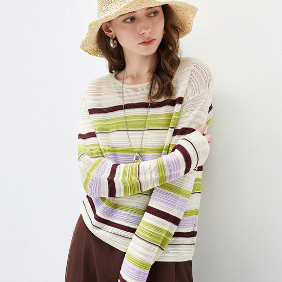 COMOBOCA Women's Striped Mesh Ruched Drawstring Knit Sweater