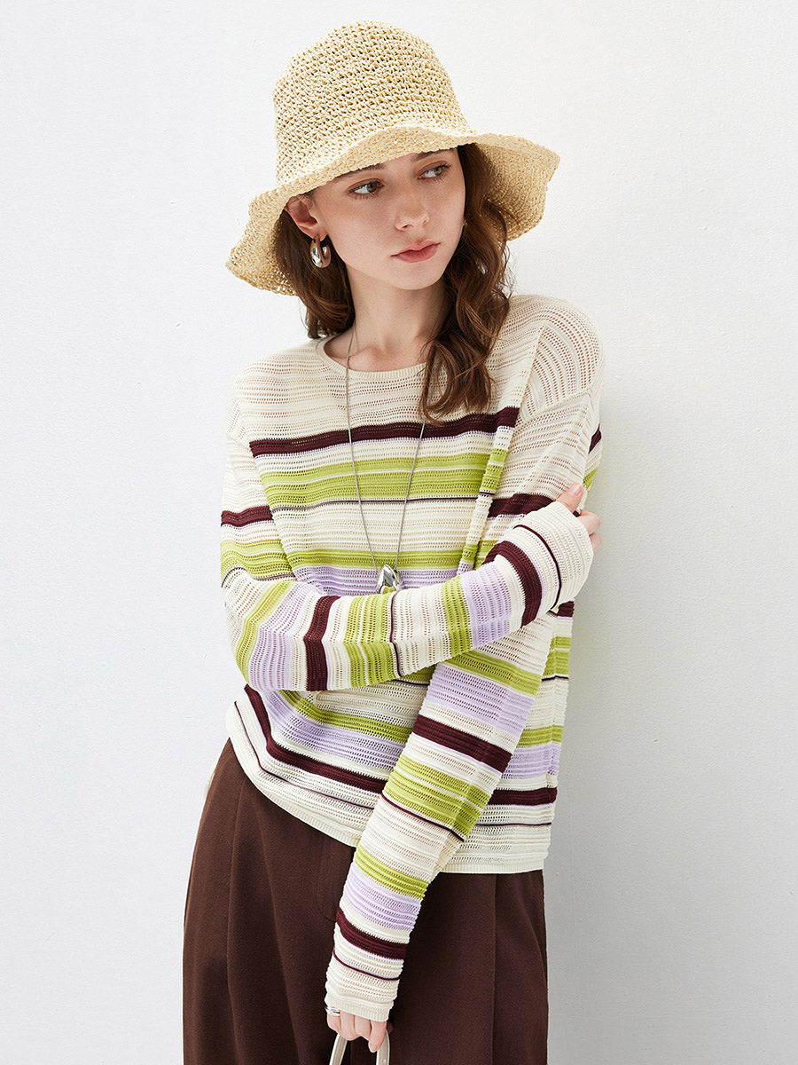 COMOBOCA Women's Striped Mesh Ruched Drawstring Knit Sweater