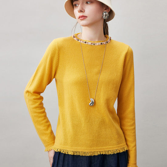 COMOBOCA Yellow 100% Cashmere Women's Fringed Hem Floral Sweater