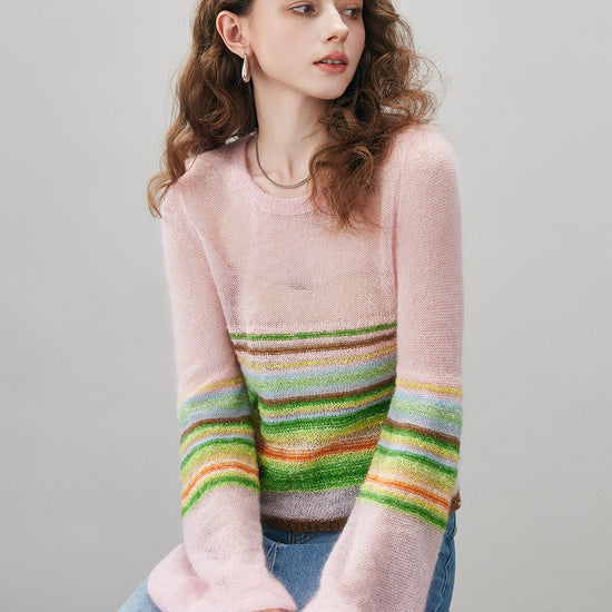 COMOBOCA Women's Rainbow Striped Flared Sleeve Sweater
