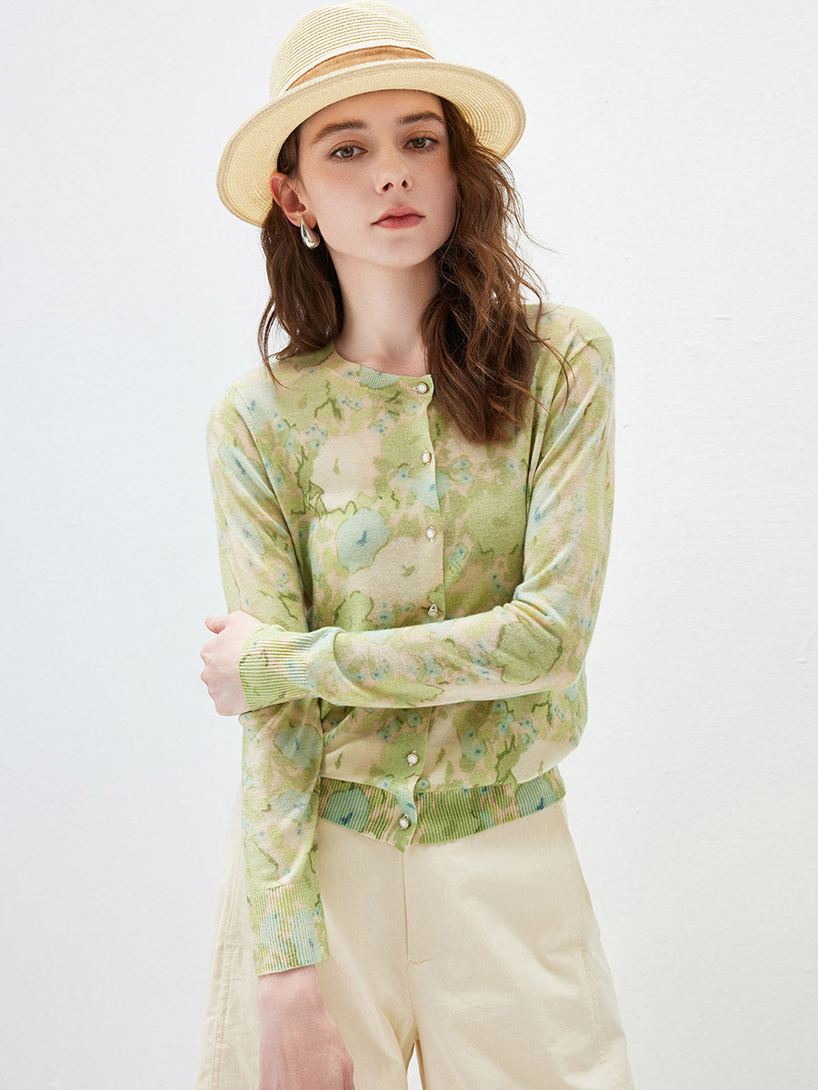 COMOBOCA Women's Watercolor Floral Print Knit Cardigan