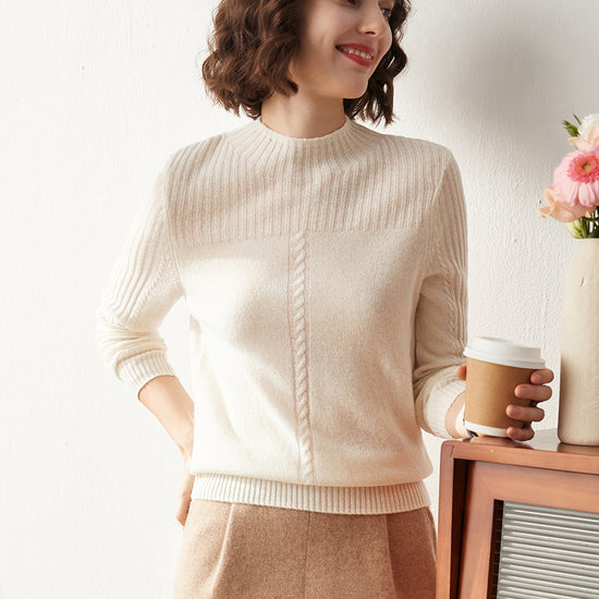COMOBOCA XL BEIGE 100% Cashmere Women's Mock Neck Cable Knit Sweater