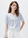 Women’s Linen Blend Striped Knit Pullover Short Sleeve T-Shirt