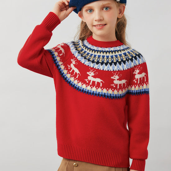 COMOBOCA 100% Wool Kids' Fair Isle Reindeer Round Neck Sweater