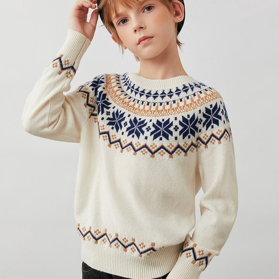 COMOBOCA Cloudy 100% Wool Kids' Fair Isle Snowflake Round Neck Sweater