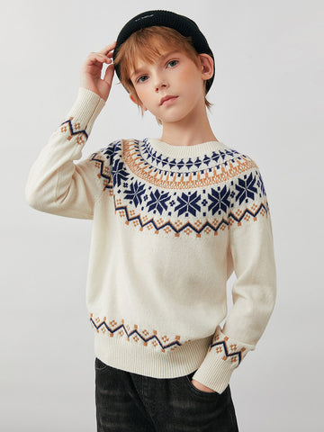 COMOBOCA Cloudy 100% Wool Kids' Fair Isle Snowflake Round Neck Sweater