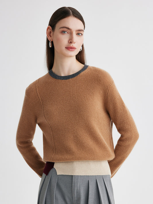 COMOBOCA Bronze 100% Cashmere Women's Color Block Ribbed Knit Sweater