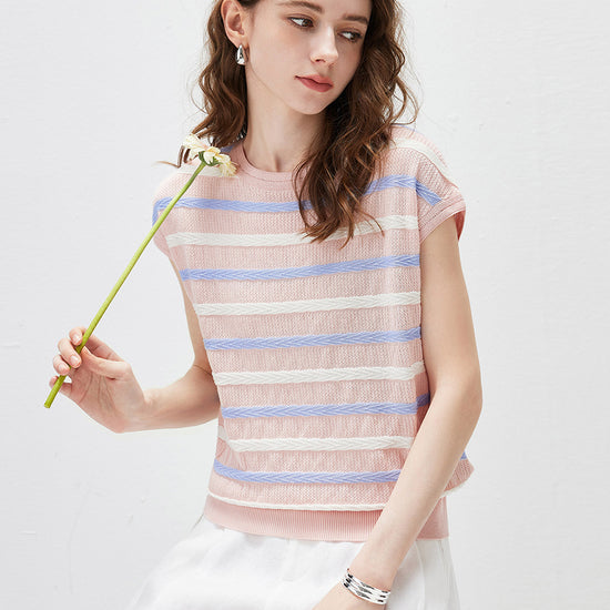 COMOBOCA Women's Striped Knit Cap Sleeve T-Shirt