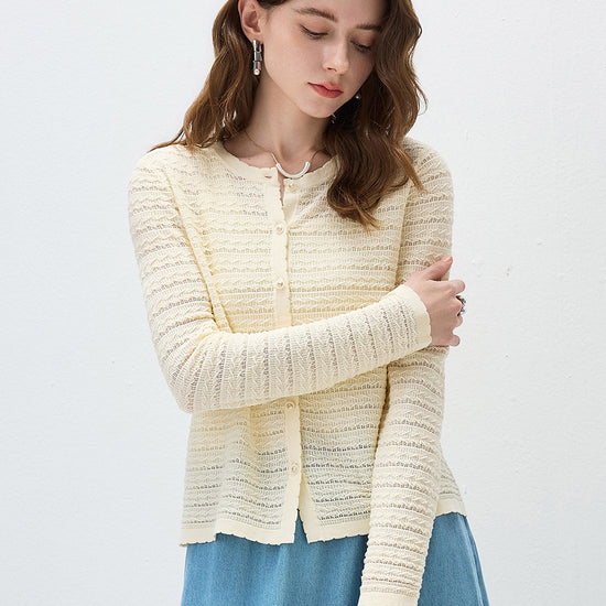 COMOBOCA Women's Scalloped Pointelle Knit Cardigan