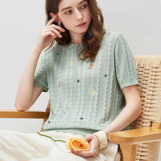 COMOBOCA Women's Cable Knit Embroidered Sweater