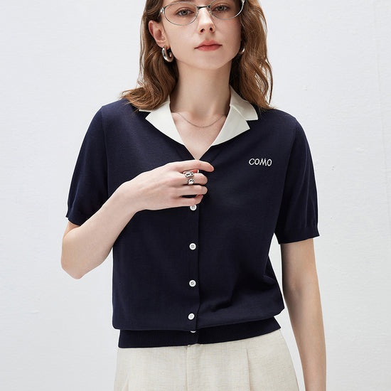 COMOBOCA Women's Contrast Collar Knit Button Down Cardigan