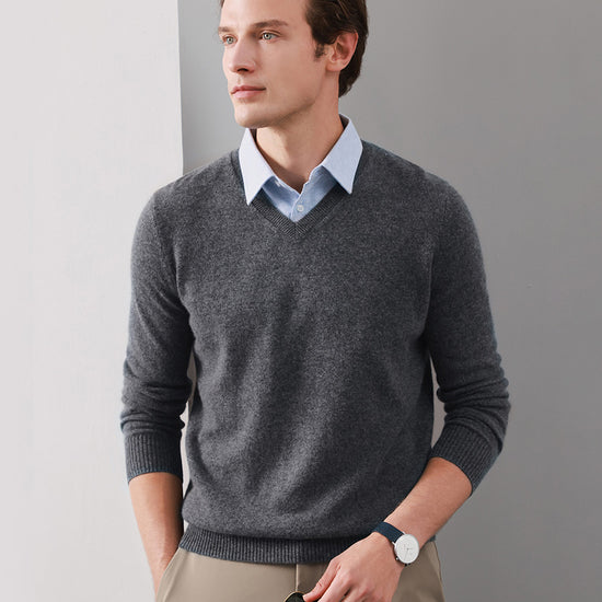 COMOBOCA GREY 100% Cashmere Men's V-Neck Sweater