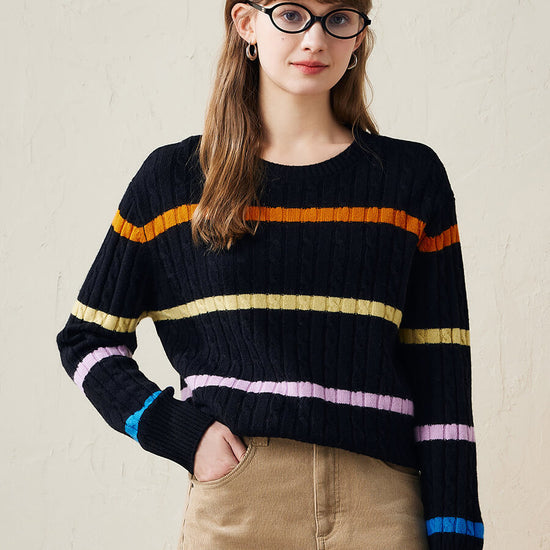 COMOBOCA Black 100% Wool Women's Colorful Striped Cable Knit Sweater