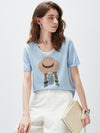 Women's mulberry Silk Knit Top with Patterned Jacquard & U-Neck