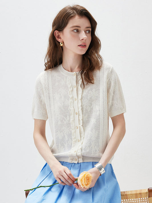 Women’s Round Neck Solid Color Linen Knit Cardigan with Single Button