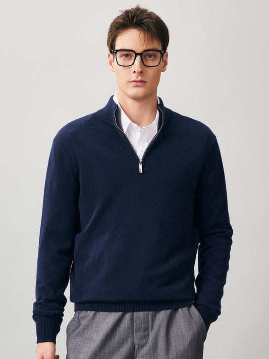 COMOBOCA Navy Blue 100% Cashmere Men's Half Zip Mock Neck Sweater