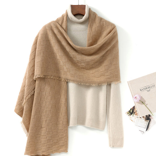 COMOBOCA BROWN 100% Cashmere Fringe Solid Color Shawl Scarf