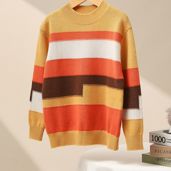 COMOBOCA Yellow 100% Wool Kids' Geometric Color Block Striped Knit Sweater