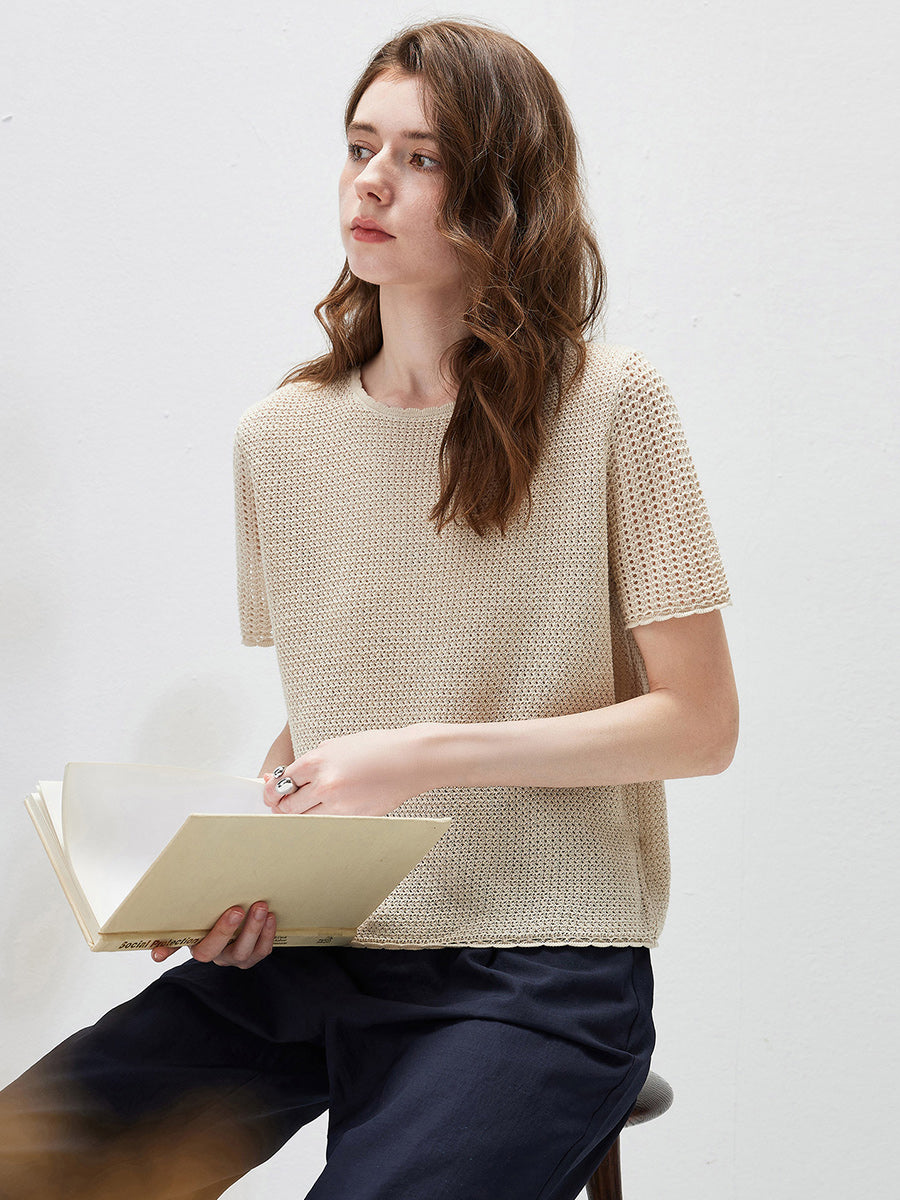 COMOBOCA Women's Openwork Round Neck Knit T-Shirt