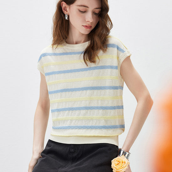 COMOBOCA Women's Striped Knit Cap Sleeve T-Shirt