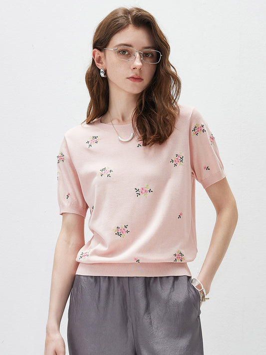COMOBOCA Light Pink Women's Floral Embroidery Knit T-Shirt