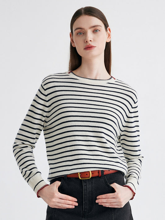 COMOBOCA Black 100% Cashmere Women's Striped Round Neck Sweater