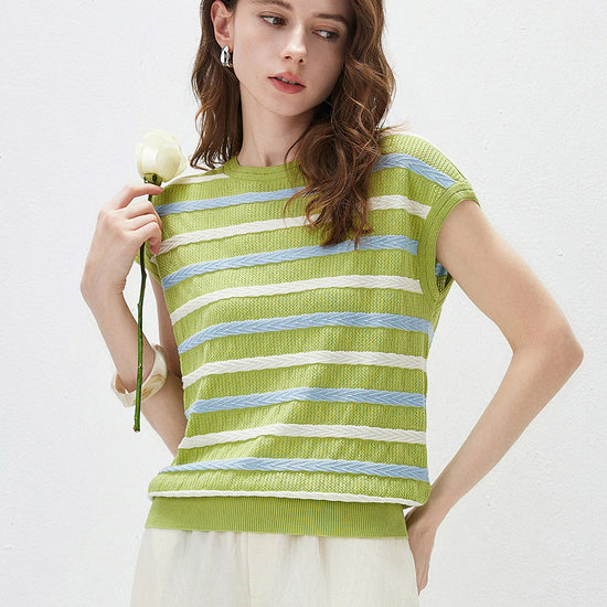 COMOBOCA Bright Green Women's Striped Knit Cap Sleeve T-Shirt