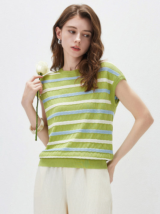 COMOBOCA Bright Green Women's Striped Knit Cap Sleeve T-Shirt