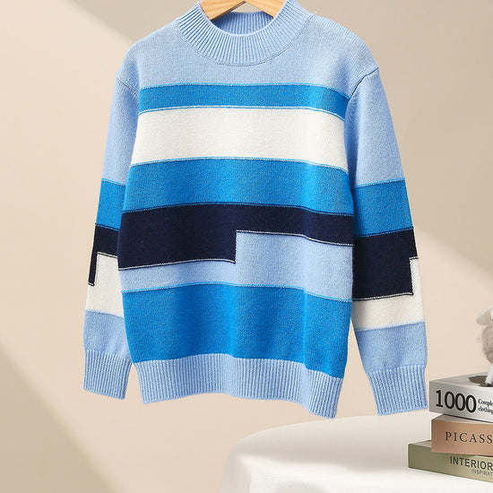 COMOBOCA Blue 100% Wool Kids' Geometric Color Block Striped Knit Sweater
