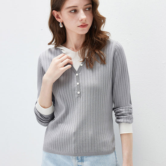 COMOBOCA Women's Layered Ribbed Knit Hooded Henley Top