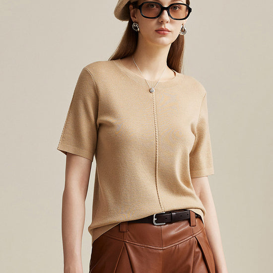 COMOBOCA Camel Women's Wool Worsted Center Seam Knit T-shirt