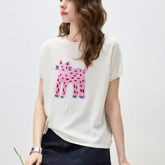 COMOBOCA Cloudy Women's Leopard Cat Embroidered Knit T-Shirt