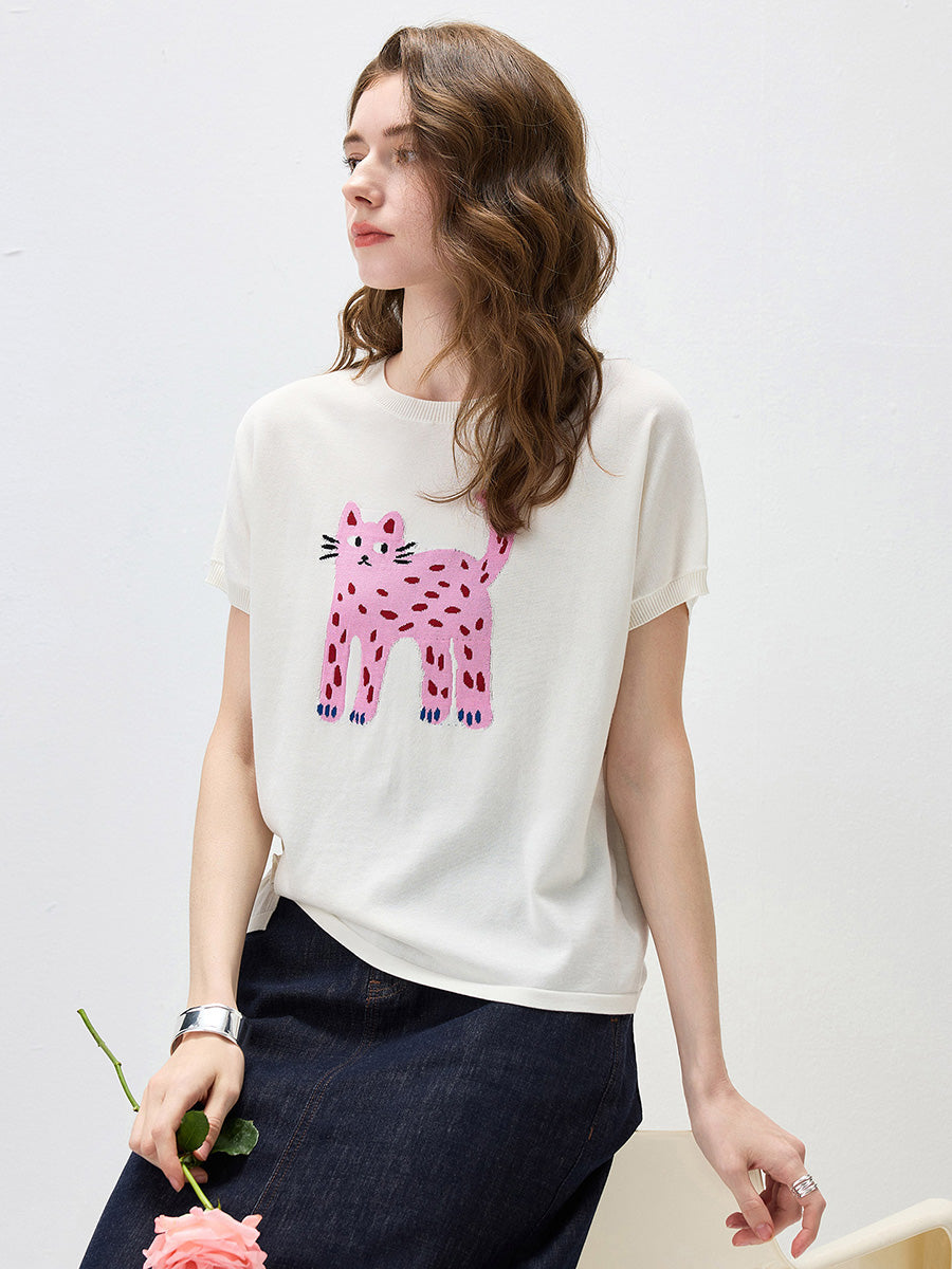 COMOBOCA Cloudy Women's Leopard Cat Embroidered Knit T-Shirt