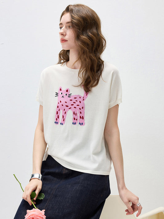 COMOBOCA Cloudy Women's Leopard Cat Embroidered Knit T-Shirt