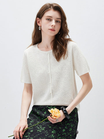 Women’s Silk-Cotton Jacquard Knit Crew Neck Pullover T-Shirt