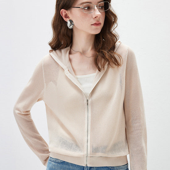 COMOBOCA Beige Women's Sheer Mesh Hooded Zip Up Cardigan