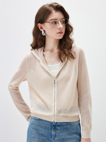 COMOBOCA Beige Women's Sheer Mesh Hooded Zip Up Cardigan