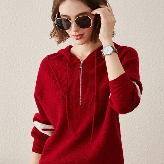 COMOBOCA 100% Cashmere Women's Half Zip Sweater Knit Hoodie